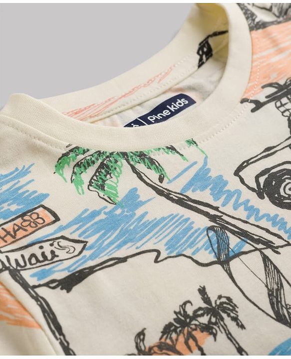 Pine Kids Cotton Knit Half Sleeves Beach Theme Printed Co-Ords T-Shirt & Pyjama Night Suit - Cream