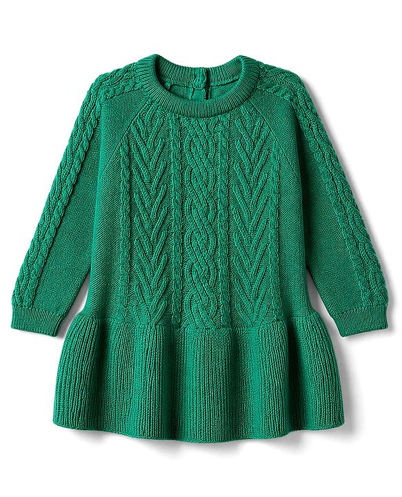 Babyhug Sweater-knit Full Sleeves Woolen Dress with Cable knit Design - Green