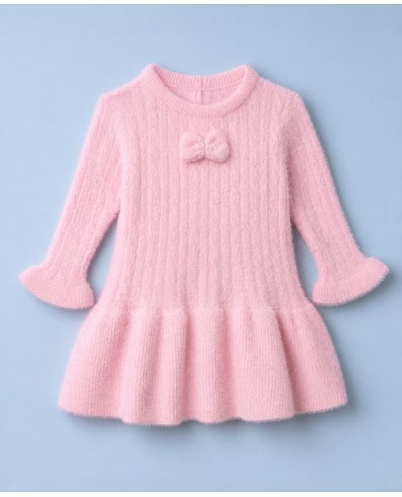 Babyhug Knit Woolen Dress with Full Sleeves and Bow Applique in Pink for 9-12 Months
