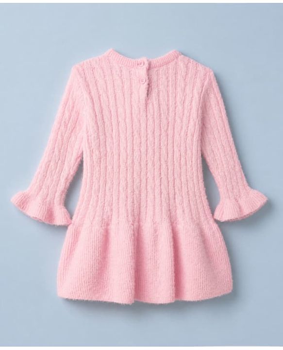 Babyhug Knit Woolen Dress with Full Sleeves and Bow Applique in Pink for 9-12 Months