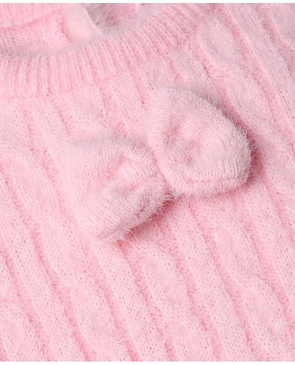 Babyhug Knit Woolen Dress with Full Sleeves and Bow Applique in Pink for 9-12 Months