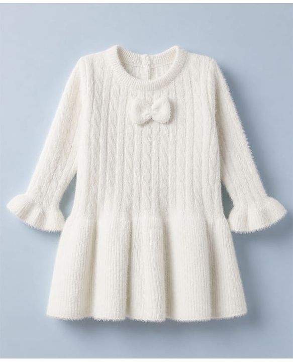 Babyhug Knit Woolen Dress with Full Sleeves and Bow Applique in Pink for 9-12 Months