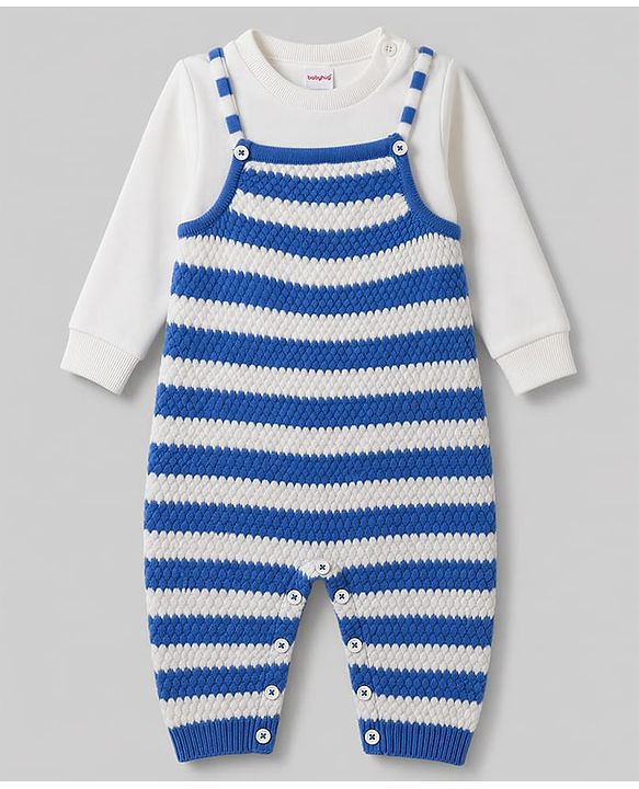 Babyhug  Knit Full Sleeves Striped Winter Wear Romper With Inner Tee- Blue