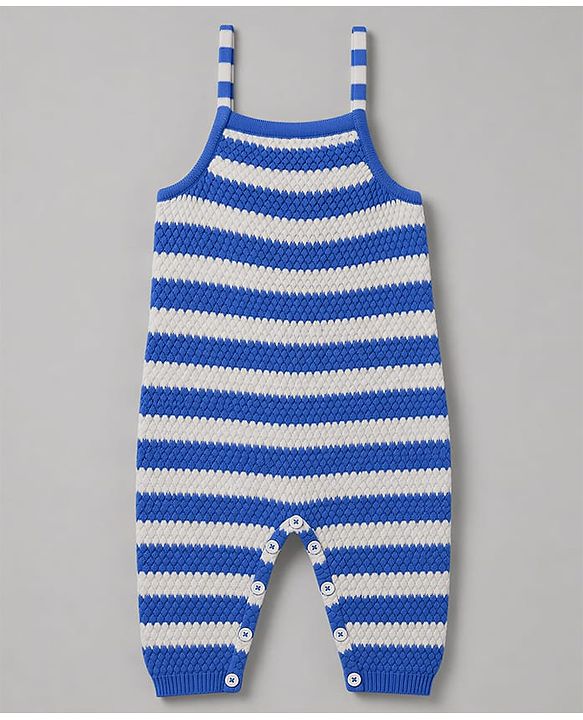 Babyhug  Knit Full Sleeves Striped Winter Wear Romper With Inner Tee- Blue