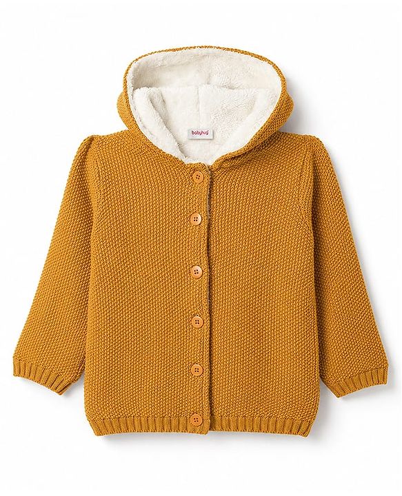 Babyhug Knit Full Sleeves Solid Colour Front Open Hooded Sweater - Yellow