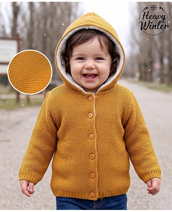 Babyhug Knit Full Sleeves Solid Colour Front Open Hooded Sweater - Yellow