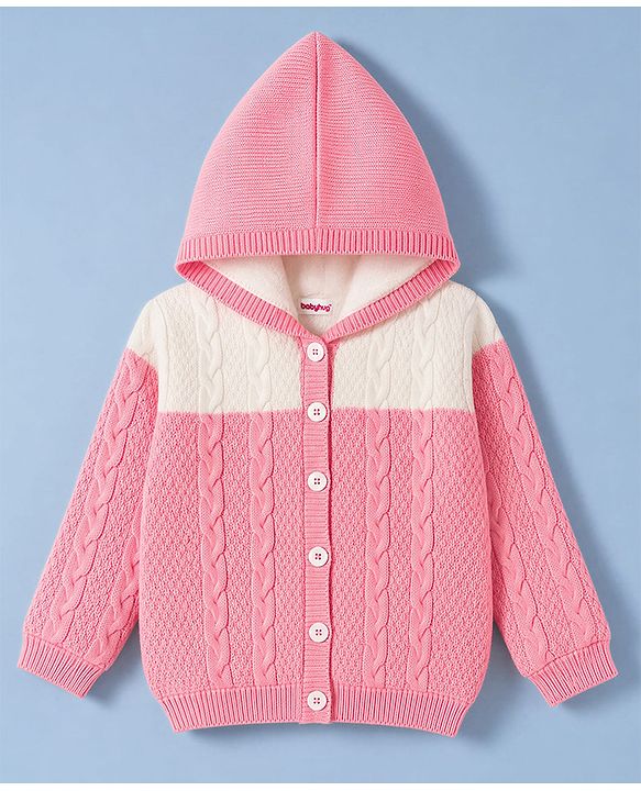 Babyhug Knit Full Sleeves Hooded Sweater With Cable Knit  Design - Pink & White