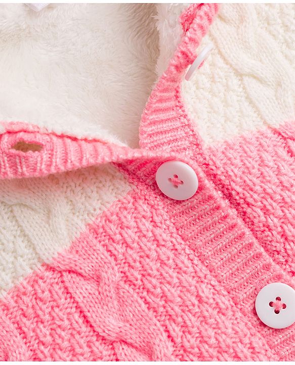 Babyhug Knit Full Sleeves Hooded Sweater With Cable Knit  Design - Pink & White