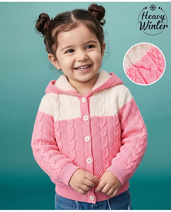 Babyhug Knit Full Sleeves Hooded Sweater With Cable Knit  Design - Pink & White