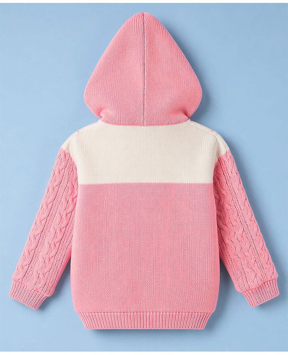 Babyhug Knit Full Sleeves Hooded Sweater With Cable Knit  Design - Pink & White
