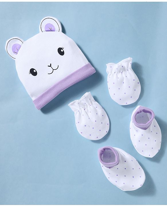 Babyhug 100% Cotton Knit Polka Dots & Animal Printed Cap Mittens & Booties Set Purple - Diameter 16 cm