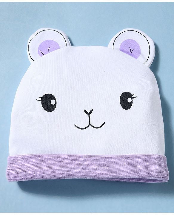 Babyhug 100% Cotton Knit Polka Dots & Animal Printed Cap Mittens & Booties Set Purple - Diameter 16 cm