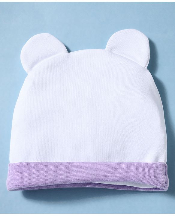 Babyhug 100% Cotton Knit Polka Dots & Animal Printed Cap Mittens & Booties Set Purple - Diameter 16 cm