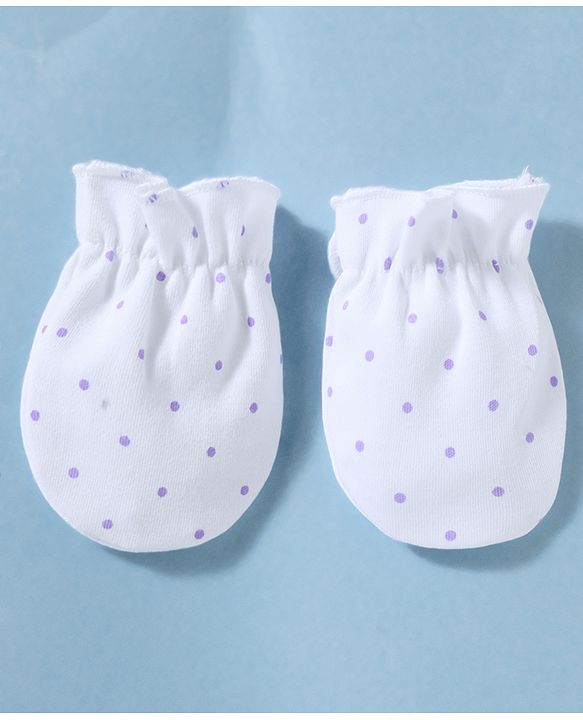 Babyhug 100% Cotton Knit Polka Dots & Animal Printed Cap Mittens & Booties Set Purple - Diameter 16 cm