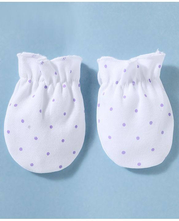 Babyhug 100% Cotton Knit Polka Dots & Animal Printed Cap Mittens & Booties Set Purple - Diameter 16 cm
