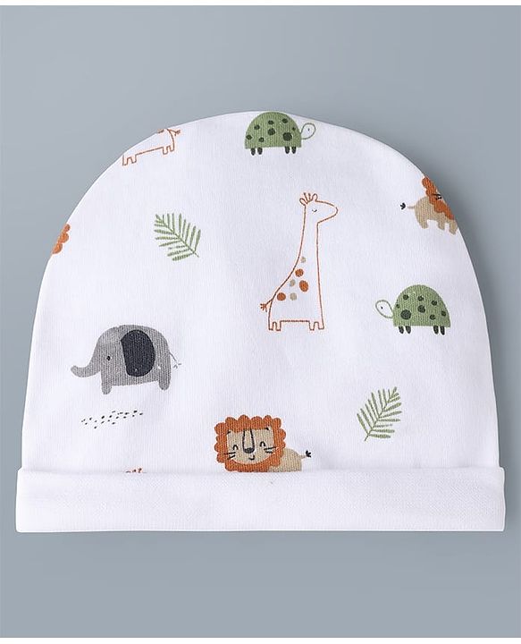 Babyhug 100% Cotton Knit Animal Printed Cap Mittens & Booties Set White - Diameter 32 cm