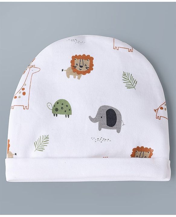 Babyhug 100% Cotton Knit Animal Printed Cap Mittens & Booties Set White - Diameter 32 cm