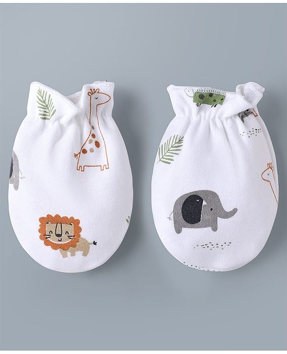 Babyhug 100% Cotton Knit Animal Printed Cap Mittens & Booties Set White - Diameter 32 cm
