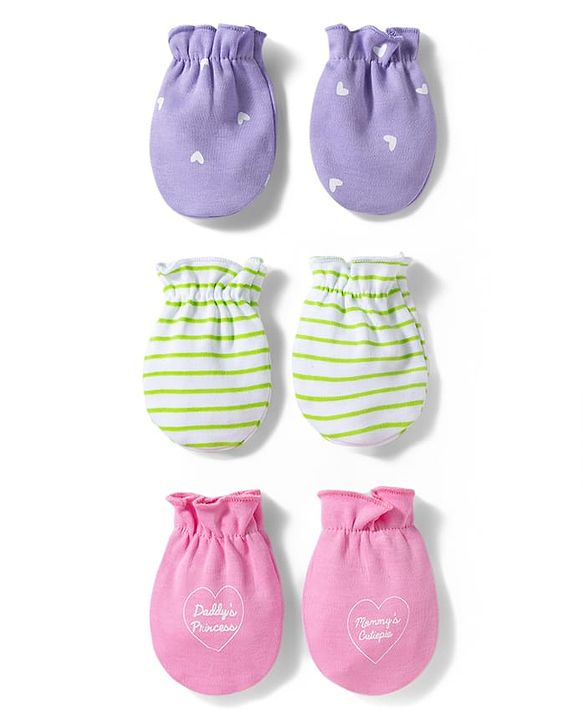 Babyhug 100% Cotton Interlock Knit Striped Mittens with Heart Print Pack of 3 - Purple & Pink