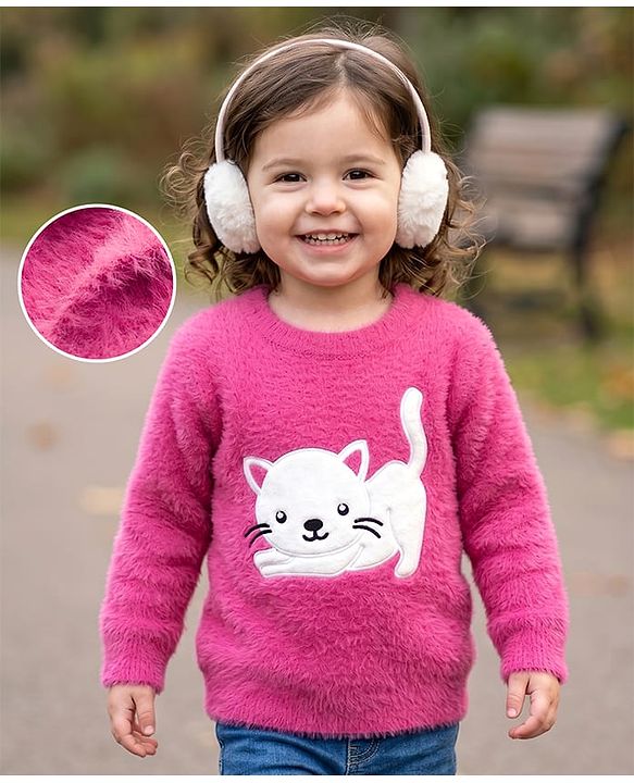 Babyhug Knit Full Sleeves Pullovers With Kitten Applique -  Pink