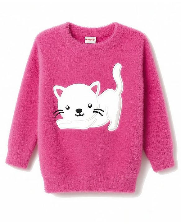 Babyhug Knit Full Sleeves Pullovers With Kitten Applique -  Pink