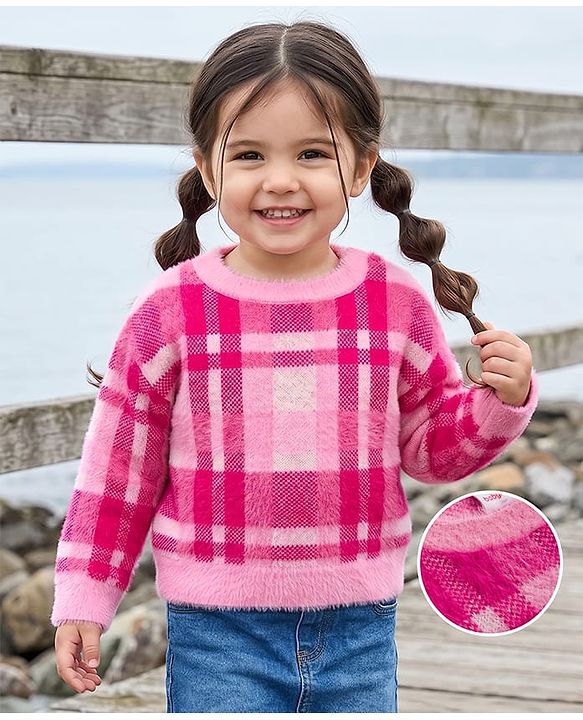Babyhug Knit Full Sleeves Checked Pullover Sweater - Pink