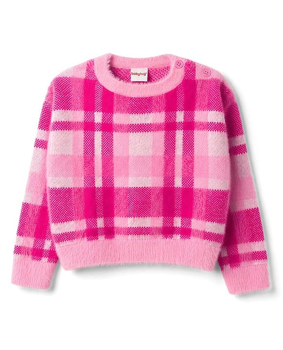 Babyhug Knit Full Sleeves Checked Pullover Sweater - Pink