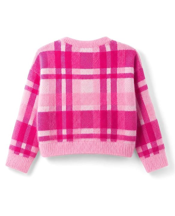 Babyhug Knit Full Sleeves Checked Pullover Sweater - Pink