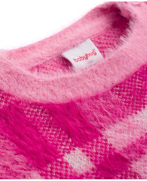 Babyhug Knit Full Sleeves Checked Pullover Sweater - Pink