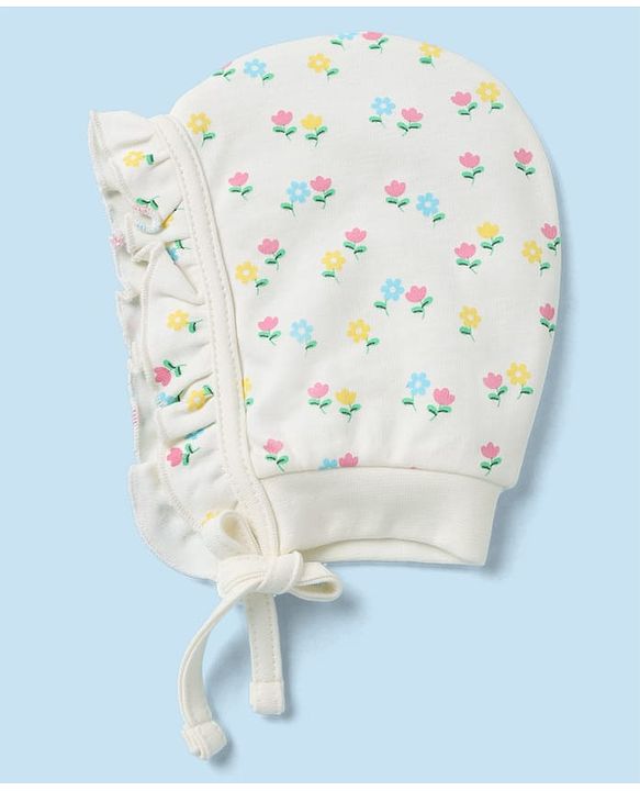 Babyhug 100% Cotton Interlock Knit Caps with Frill Details & Floral Polka Dot Print Pack of 2 Pink Off White - Diameter 15.5 cm