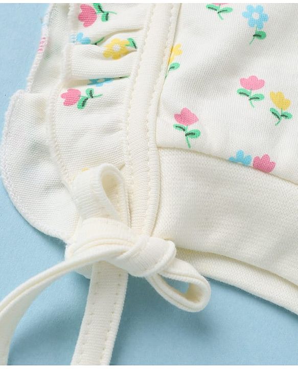 Babyhug 100% Cotton Interlock Knit Caps with Frill Details & Floral Polka Dot Print Pack of 2 Pink Off White - Diameter 15.5 cm
