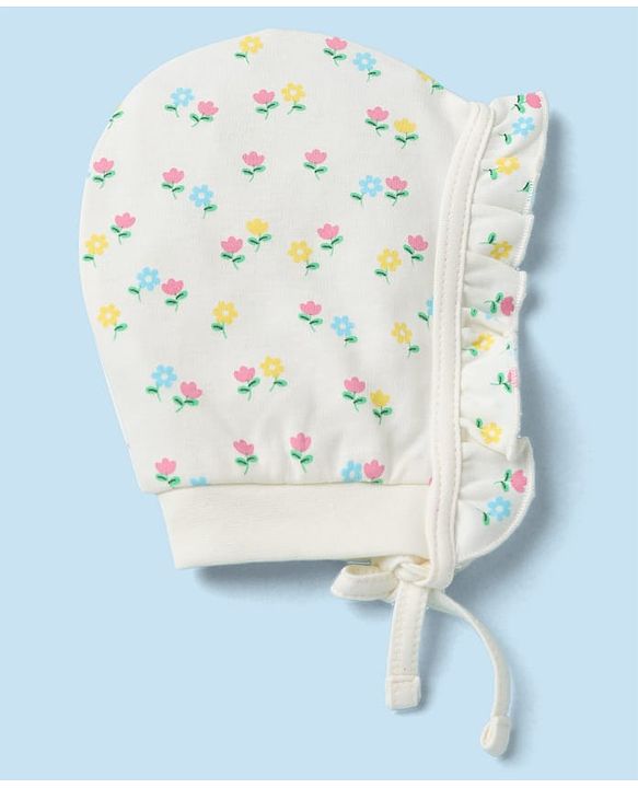 Babyhug 100% Cotton Interlock Knit Caps with Frill Details & Floral Polka Dot Print Pack of 2 Pink Off White - Diameter 15.5 cm
