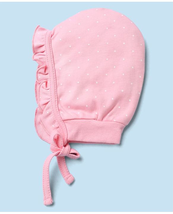 Babyhug 100% Cotton Interlock Knit Caps with Frill Details & Floral Polka Dot Print Pack of 2 Pink Off White - Diameter 15.5 cm