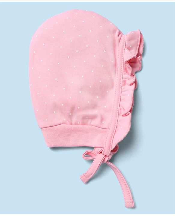 Babyhug 100% Cotton Interlock Knit Caps with Frill Details & Floral Polka Dot Print Pack of 2 Pink Off White - Diameter 15.5 cm
