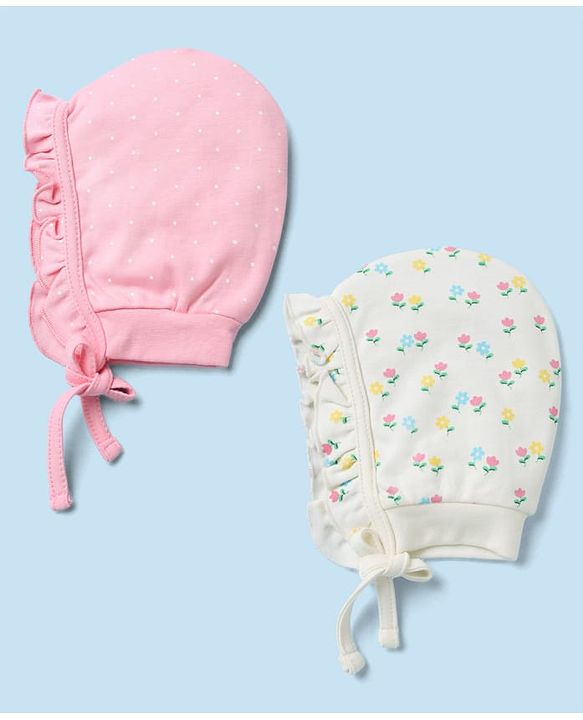 Babyhug 100% Cotton Interlock Knit Caps with Frill Details & Floral Polka Dot Print Pack of 2 Pink Off White - Diameter 15.5 cm