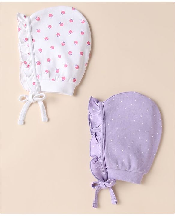 Babyhug 100% Cotton Interlock Knit Caps with Heart Polka Dot Print Pack of 2 White Lavender - Diameter 14 cm