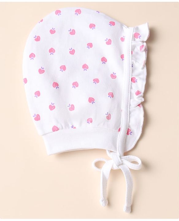 Babyhug 100% Cotton Interlock Knit Caps with Heart Polka Dot Print Pack of 2 White Lavender - Diameter 14 cm