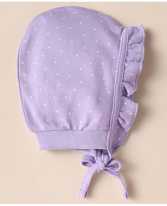 Babyhug 100% Cotton Interlock Knit Caps with Heart Polka Dot Print Pack of 2 White Lavender - Diameter 14 cm