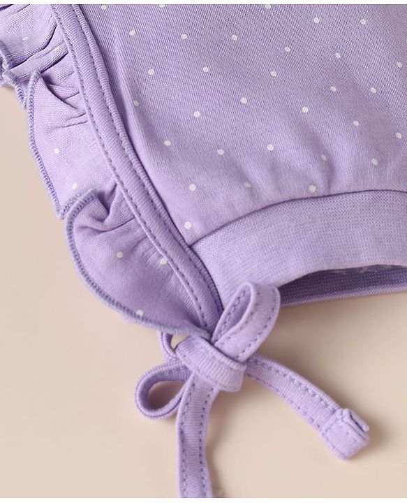 Babyhug 100% Cotton Interlock Knit Caps with Heart Polka Dot Print Pack of 2 White Lavender - Diameter 14 cm
