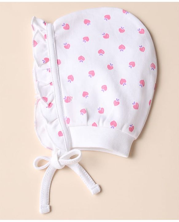 Babyhug 100% Cotton Interlock Knit Caps with Heart Polka Dot Print Pack of 2 White Lavender - Diameter 14 cm