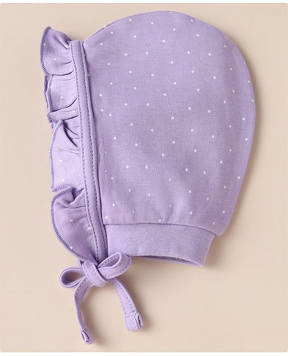 Babyhug 100% Cotton Interlock Knit Caps with Heart Polka Dot Print Pack of 2 White Lavender - Diameter 14 cm