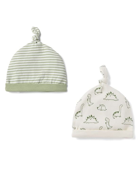 Babyhug 100% Cotton Knit Interlock Caps with Animal & Striped Print Pack of 2 in White - Diameter 16.50 cm