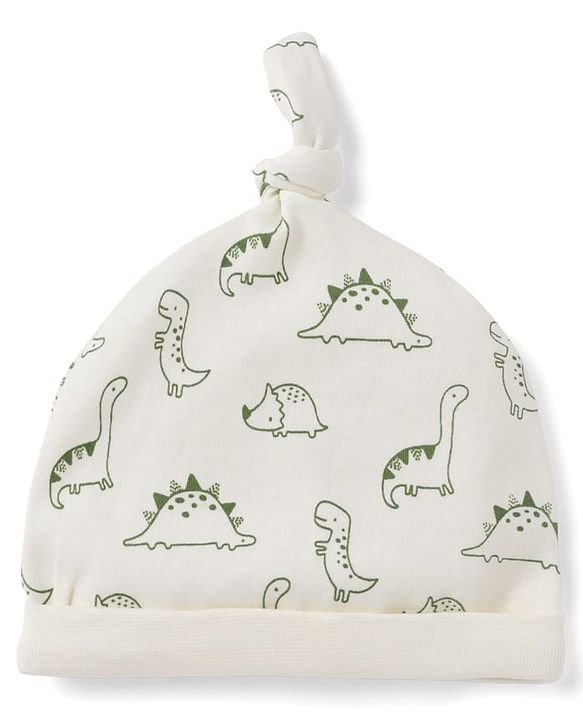 Babyhug 100% Cotton Knit Interlock Caps with Animal & Striped Print Pack of 2 in White - Diameter 16.50 cm
