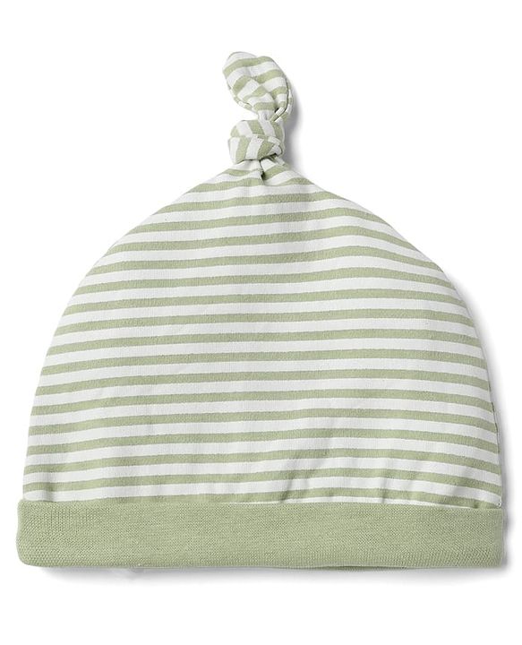 Babyhug 100% Cotton Knit Interlock Caps with Animal & Striped Print Pack of 2 in White - Diameter 16.50 cm
