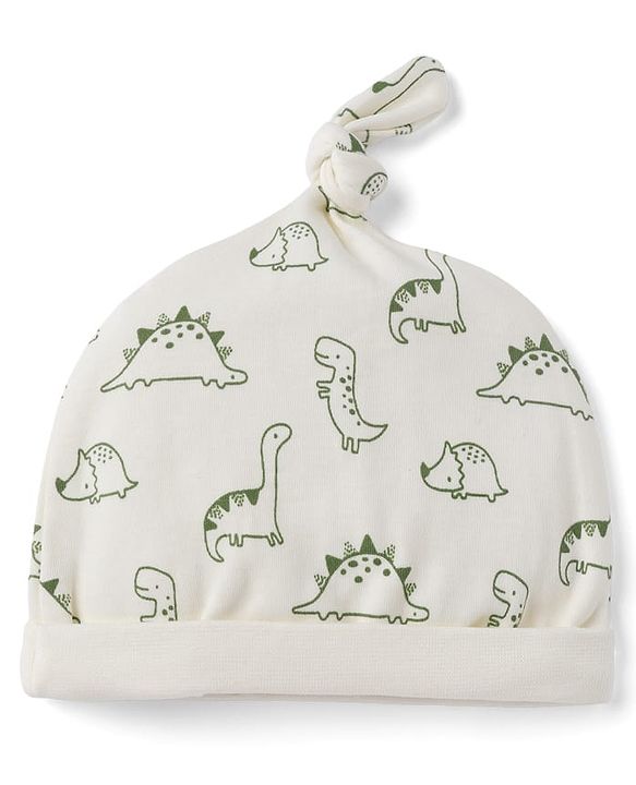 Babyhug 100% Cotton Knit Interlock Caps with Animal & Striped Print Pack of 2 in White - Diameter 16.50 cm