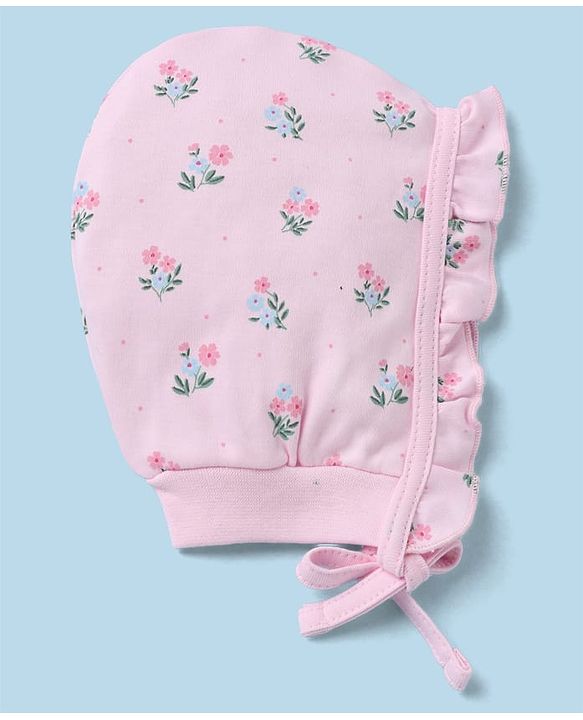 Babyhug 100% Cotton Interlock Solid Knit Cap Mittens & Booties With Floral Print Pack of 2 Pink - Diameter 15 cm