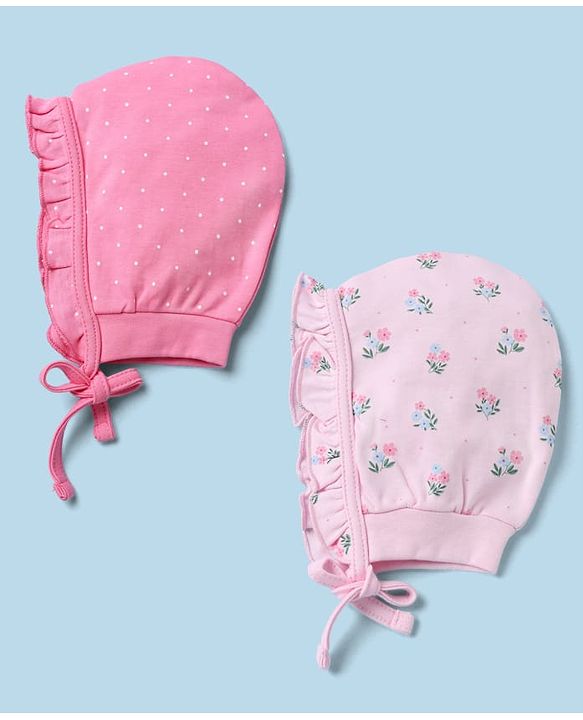 Babyhug 100% Cotton Interlock Solid Knit Cap Mittens & Booties With Floral Print Pack of 2 Pink - Diameter 15 cm
