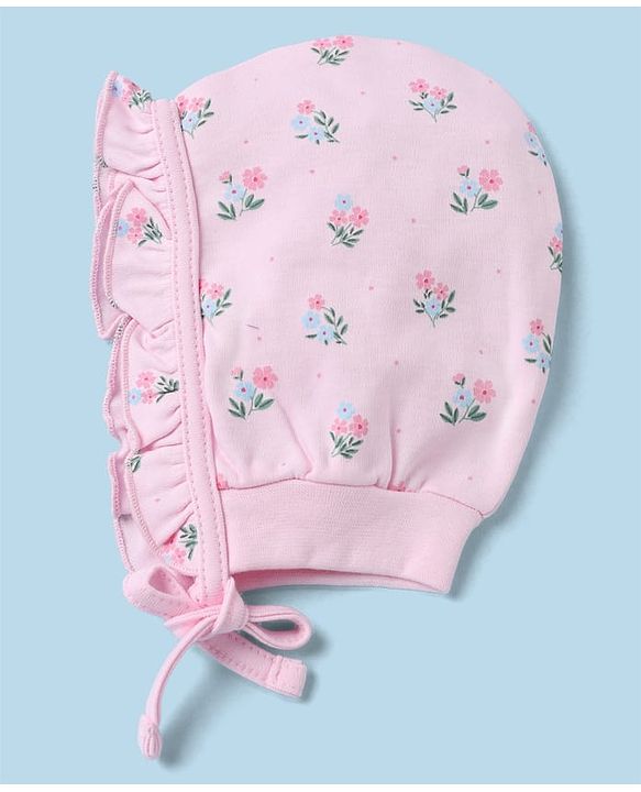 Babyhug 100% Cotton Interlock Solid Knit Cap Mittens & Booties With Floral Print Pack of 2 Pink - Diameter 15 cm