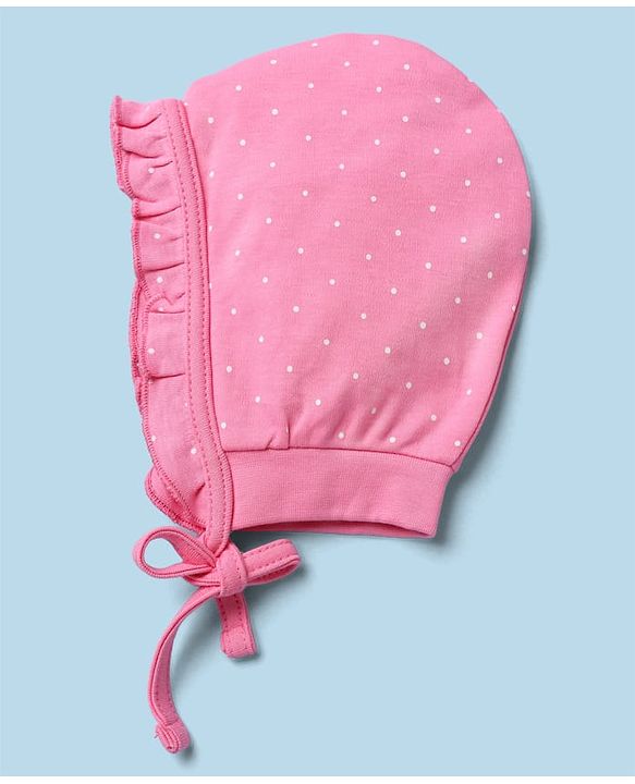 Babyhug 100% Cotton Interlock Solid Knit Cap Mittens & Booties With Floral Print Pack of 2 Pink - Diameter 15 cm