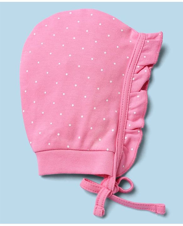 Babyhug 100% Cotton Interlock Solid Knit Cap Mittens & Booties With Floral Print Pack of 2 Pink - Diameter 15 cm
